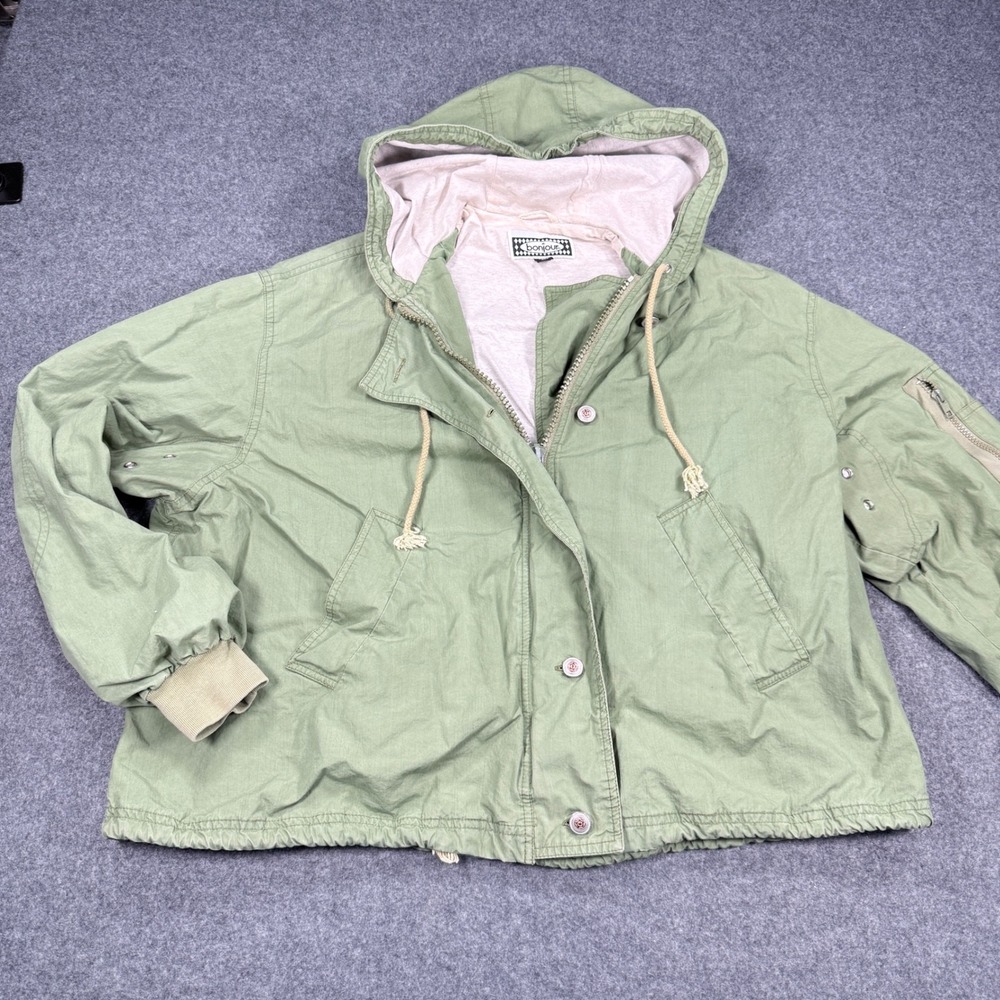 Bonjour Vintage Mens M Olive Green Cotton Hooded Utility Jacket Full Zip Utility